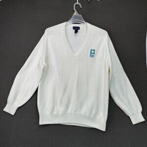 Lands End Mens size XL White V-Neck Pullover Sweater With Bell Leadership Logo